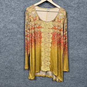 One World Live And Let Live Plus Size 2X Tunic Top Tan Liquid Knit Lace Beaded